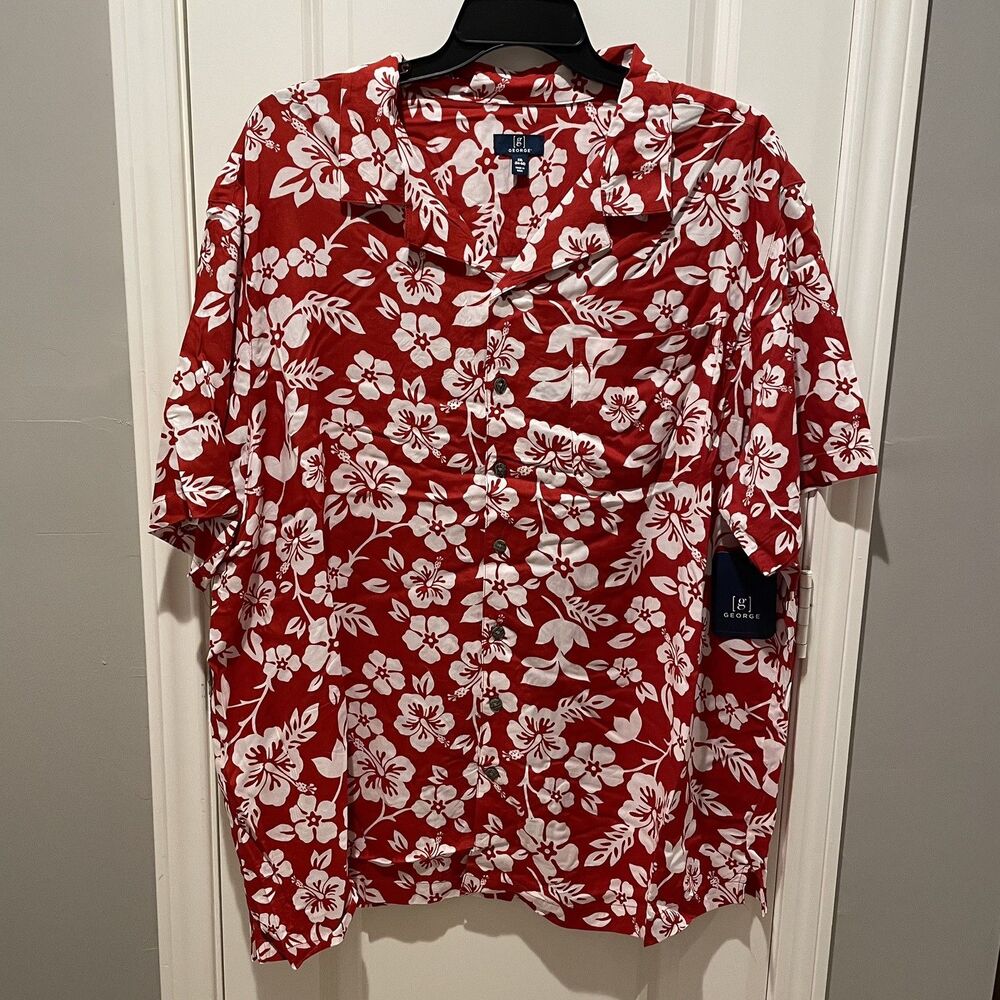 George Men’s Hawaiian Camp Shirt 3XL Red and White Hibiscus Short Sleeve NEW